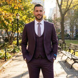 New 2026 Mens 3pc Solid Textured Burgundy Purple Suit Set, Hybrid Fit 2 (H2)